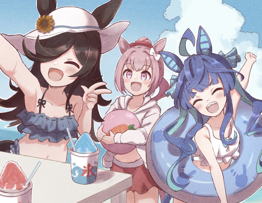 3girls, ahoge, animal_ears, ball, beachball, closed_eyes, commentary_request, food