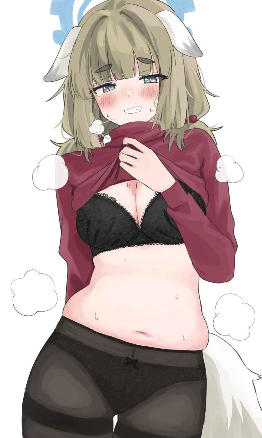 1girl, animal_ears, arm_behind_back, black_bra, black_panties, black_pantyhose, blue_archive, blue_halo