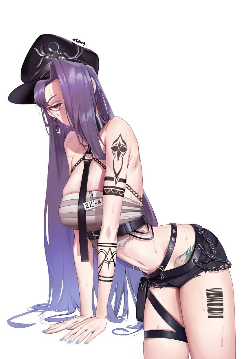 1girl, absurdres, bandeau, barcode, barcode_tattoo, bare_shoulders, bb_aa, black_survival