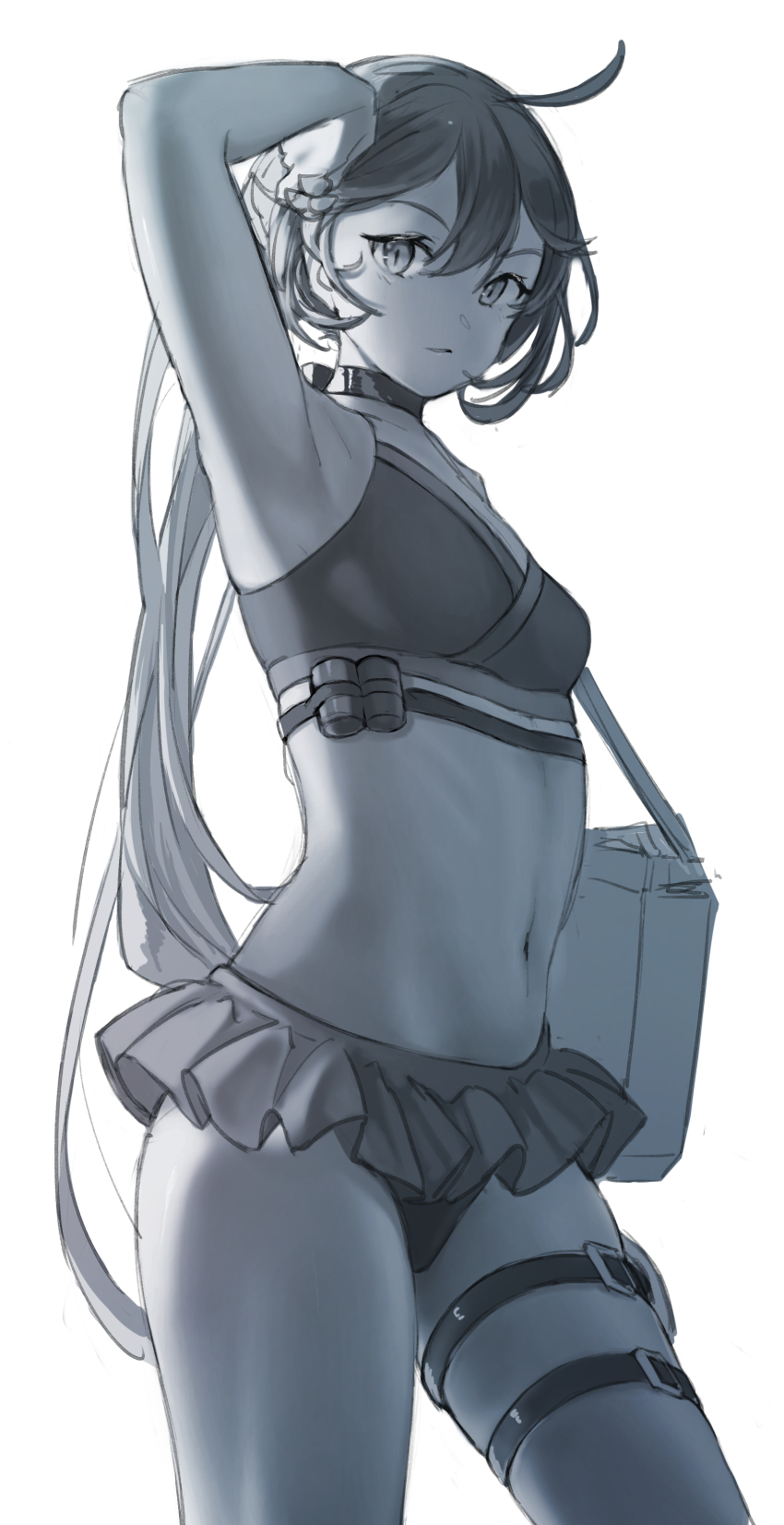 1girl, absurdres, ahoge, akebono_(kancolle), akebono_kai_ni_(kancolle), akebono_kai_ni_(swimsuit)_(kancolle), bare_arms, bare_shoulders