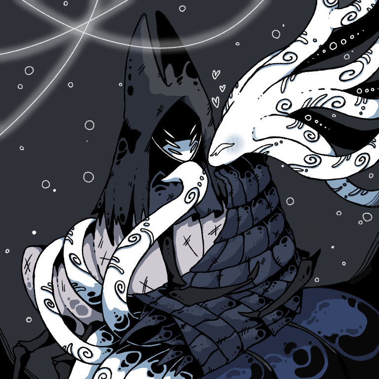 1girl, ^_^, bestiality, black_cloak, blank_eyes, blush, bug, cloak, closed_eyes, colored_skin, extra_eyes, facing_another, forked_eyebrows, from_side, grey_background, heart, herrah_(hollow_knight), hollow_knight, hug, looking_at_another, monochrome, monster_girl, plant_girl, profile, sakana_2-gou, scratches, sitting, tentacles, white_eyes, white_lady_(hollow_knight), white_skin, yuri