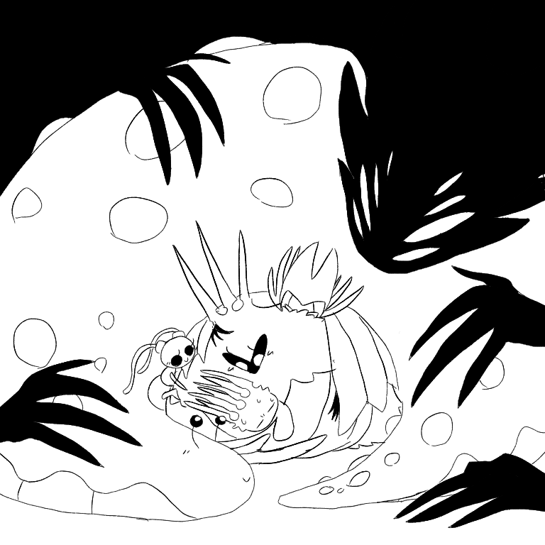 1girl, 2boys, antennae, arthropod_boy, arthropod_girl, bug, closed_eyes, closed_mouth, extra_eyes, greyscale, grimm_(hollow_knight), happy, hollow_knight, insect, joni_(hollow_knight), looking_at_another, monochrome, monster, moth, multiple_boys, pale_king_(hollow_knight), radiance_(hollow_knight), sakana_2-gou, sketch, slug, smile, solid_circle_eyes, spoilers, sweat, unn_(hollow_knight), void_entity_(hollow_knight)