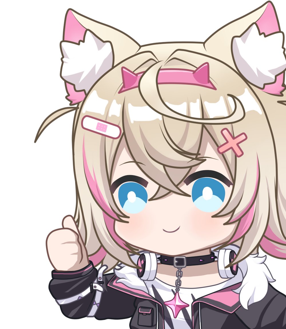 1girl, ahoge, animal_ear_fluff, animal_ears, aprob_(meme), bandaid, bandaid_hair_ornament, black_collar, black_jacket, blonde_hair, blue_eyes, bright_pupils, collar, crossed_bangs, dog_ears, dog_girl, fake_horns, fur-trimmed_jacket, fur_trim, hair_ornament, hairband, headphones, headphones_around_neck, hololive, hololive_english, horns, jacket, meme, mococo_abyssgard, mococo_abyssgard_(1st_costume), multicolored_hair, pink_hair, pink_hairband, shirt, smile, solo, spiked_collar, spikes, star_ornament, streaked_hair, thumbs_up, upper_body, virtual_youtuber, white_pupils, white_shirt, x_hair_ornament, zephylyne