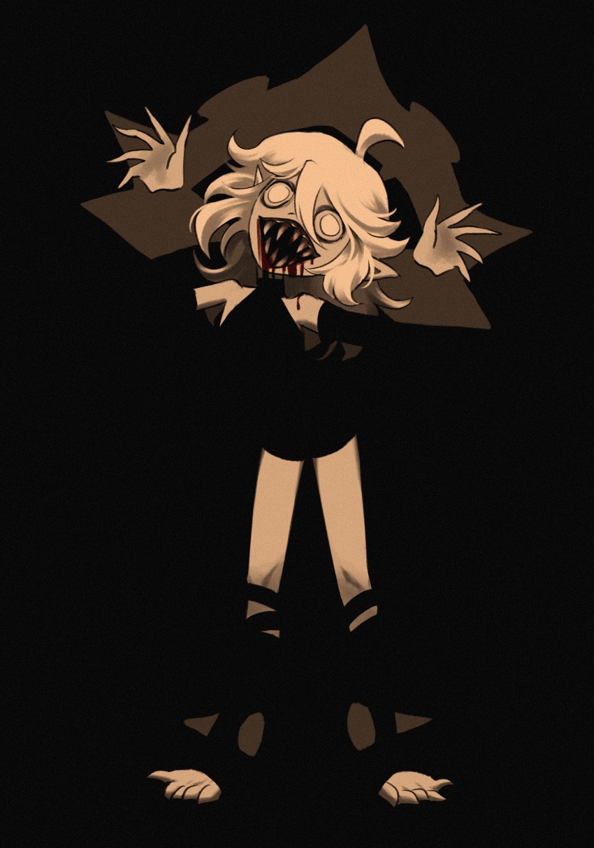 1girl, absurdres, ahoge, black_background, black_dress, blending, briar_(league_of_legends), chained_wrists, commentary, dress, film_grain, grey_hair, hair_between_eyes, hands_up, highres, horror_(theme), konstatin_(konstatinart), league_of_legends, long_hair, monster_girl, pointy_ears, sharp_teeth, simple_background, solo, standing, teeth, vampire