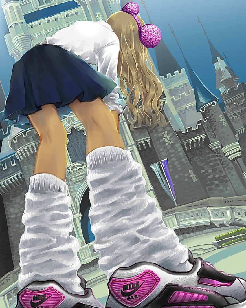 1girl, bent_over, blonde_hair, blue_skirt, castle, disneyland, from_below, gyaru
