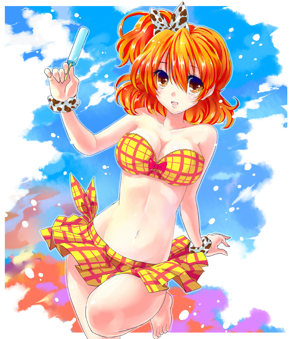 00s, 1girl, bandeau, bare_shoulders, barefoot, bikini, breasts, cleavage, eyelashes, female_focus, food, fresh_precure!, hair_ribbon, matching_hair/eyes, medium_breasts, navel, open_mouth, orange_eyes, orange_hair, owarine_miku, popsicle, precure, ribbon, short_hair, skirt, solo, strapless, strapless_bikini, swimsuit, yamabuki_inori, yellow_bikini, yellow_eyes