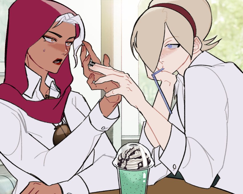 1boy, 1girl, androgynous, ash_crimson, black_nails, blonde_hair, blue_eyes, breasts, dark-skinned_female, dark_skin, earrings, eyeliner, freckles, hair_over_one_eye, hairband, hexermer, highres, hijab, jewelry, makeup, medium_breasts, nail_polish, najd, red_scarf, scarf, short_hair, snk, sweatdrop, the_king_of_fighters, the_king_of_fighters_xiv, trap, white_hair