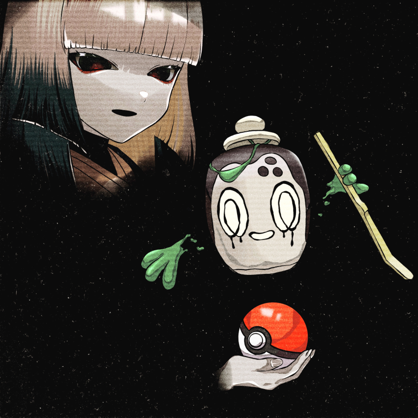 1girl, black_background, black_eyes, black_hair, blonde_hair, blunt_bangs, commentary_request, crossover, eyelashes, eyeshadow, fate/grand_order, fate_(series), guderian, highres, holding, holding_poke_ball, holding_stick, looking_to_the_side, makeup, multicolored_hair, nintendo, partial_commentary, poke_ball, poke_ball_(basic), pokemon, pokemon_(creature), poltchageist, red_eyeshadow, sen_no_rikyu_(fate), stick, two-tone_hair