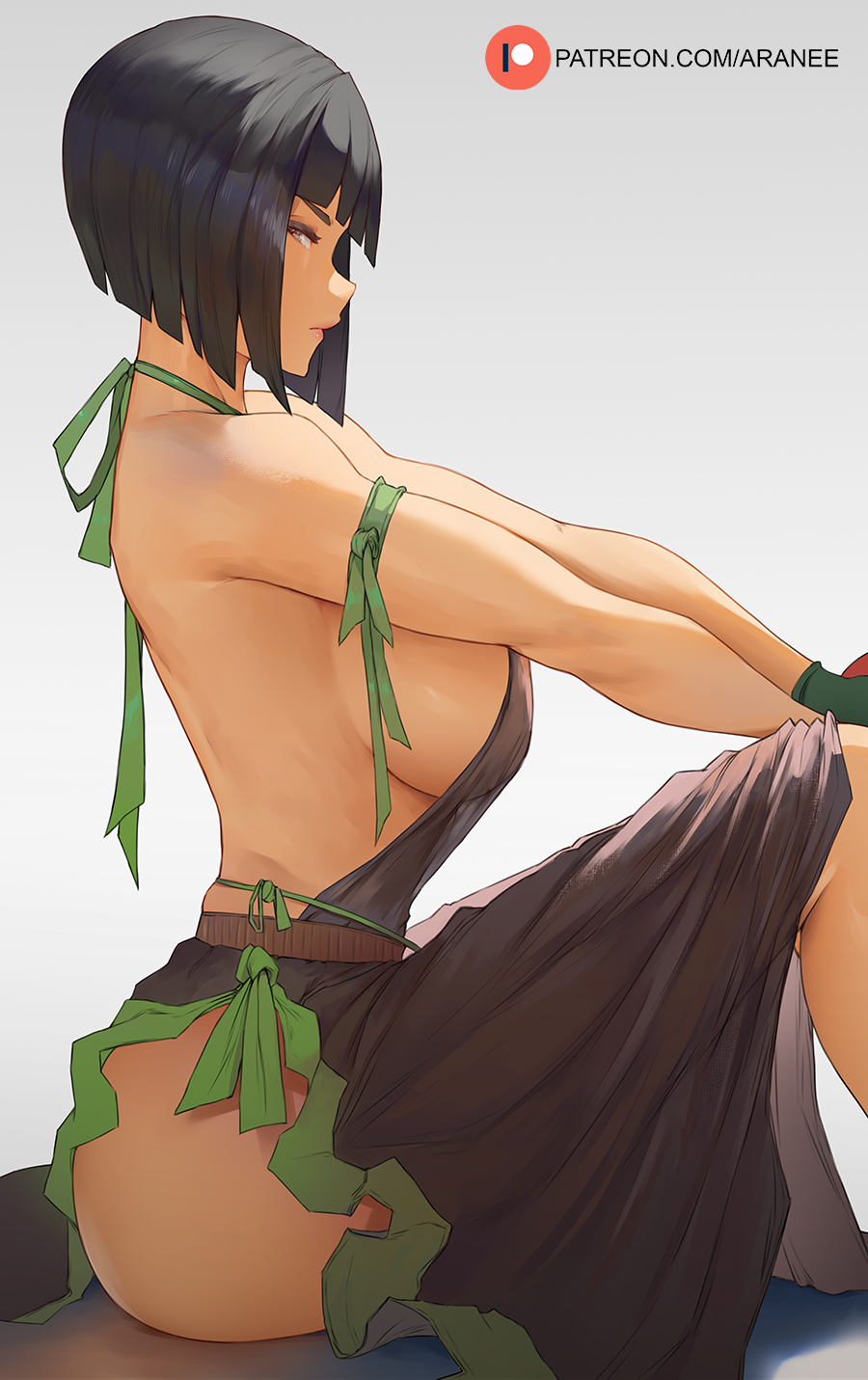 1girl, araneesama, arm_ribbon, backless_outfit, black_hair, bob_cut, breasts, brown_eyes, from_side, god_eater, god_eater_burst, green_ribbon, halterneck, highres, knees_up, large_breasts, looking_to_the_side, paid_reward_available, patreon_username, ribbon, short_hair, sideboob, sideless_outfit, simple_background, sitting, solo, tachibana_sakuya_(god_eater)