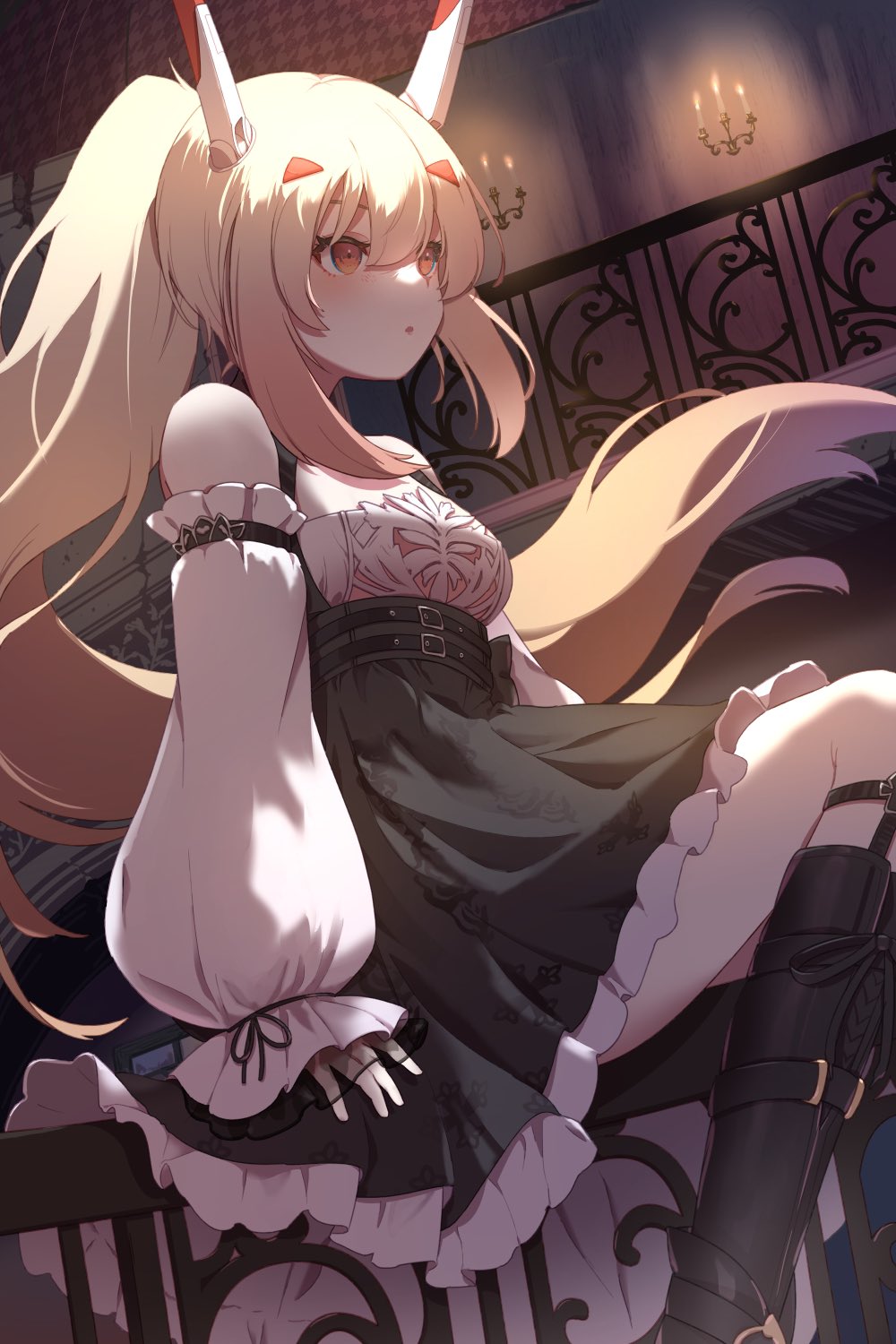 1girl, akimaru_m, ayanami_(azur_lane), ayanami_(nightfall_raiment)_(azur_lane), azur_lane, bare_shoulders, black_boots, black_dress, blonde_hair, boots, detached_sleeves, dress, hair_between_eyes, headgear, high_ponytail, highres, indoors, knee_boots, layered_dress, long_hair, official_alternate_costume, parted_lips, ponytail, red_eyes, sitting, solo, two-tone_dress, white_dress