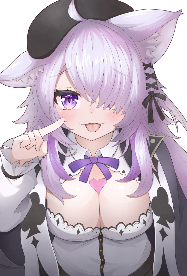 1girl, ahoge, animal_ears, beret, black_hat, blush, breasts, cat_ears