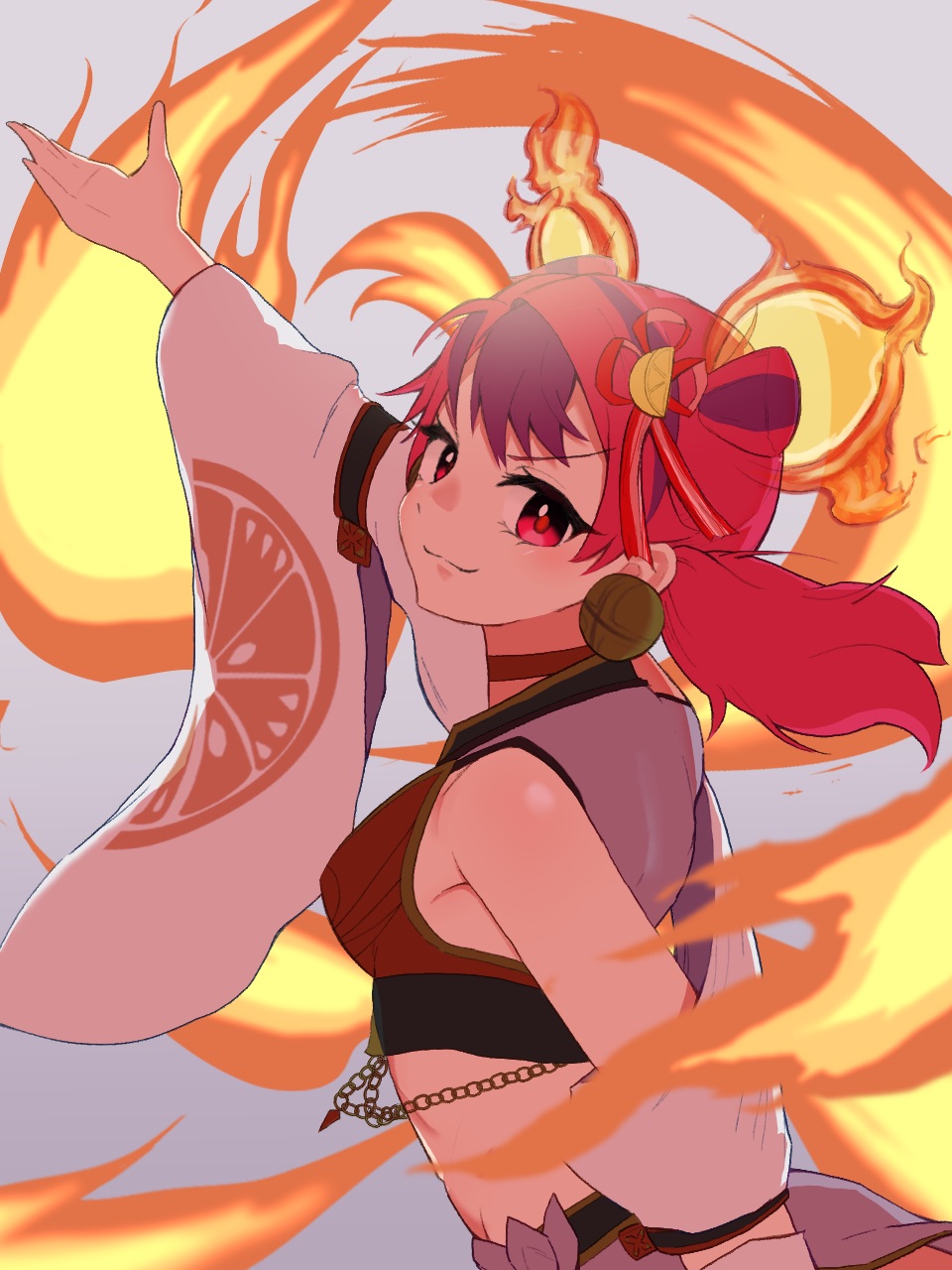 animal_ears, bell, bell_earrings, commentary_request, duel_monster, earrings, fiery_ears, fire