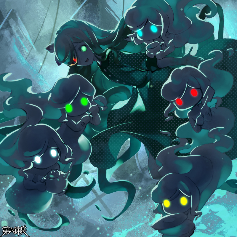 1girl, 5others, black_dress, blue_eyes, bow, copyright_name, cup, dairoku_ryouhei, dress, ghost, glowing, glowing_eyes, green_eyes, hair_bow, hair_over_one_eye, heterochromia, kokuzu, ladle, long_hair, looking_at_viewer, multiple_others, pepper_tone, plate, polka_dot, polka_dot_dress, red_eyes, teacup, teapot, yellow_eyes