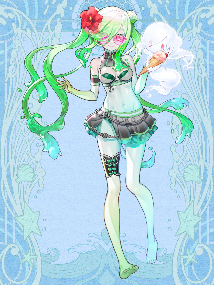 1girl, 1other, armband, barefoot, black_skirt, blue_background, breasts, calflet