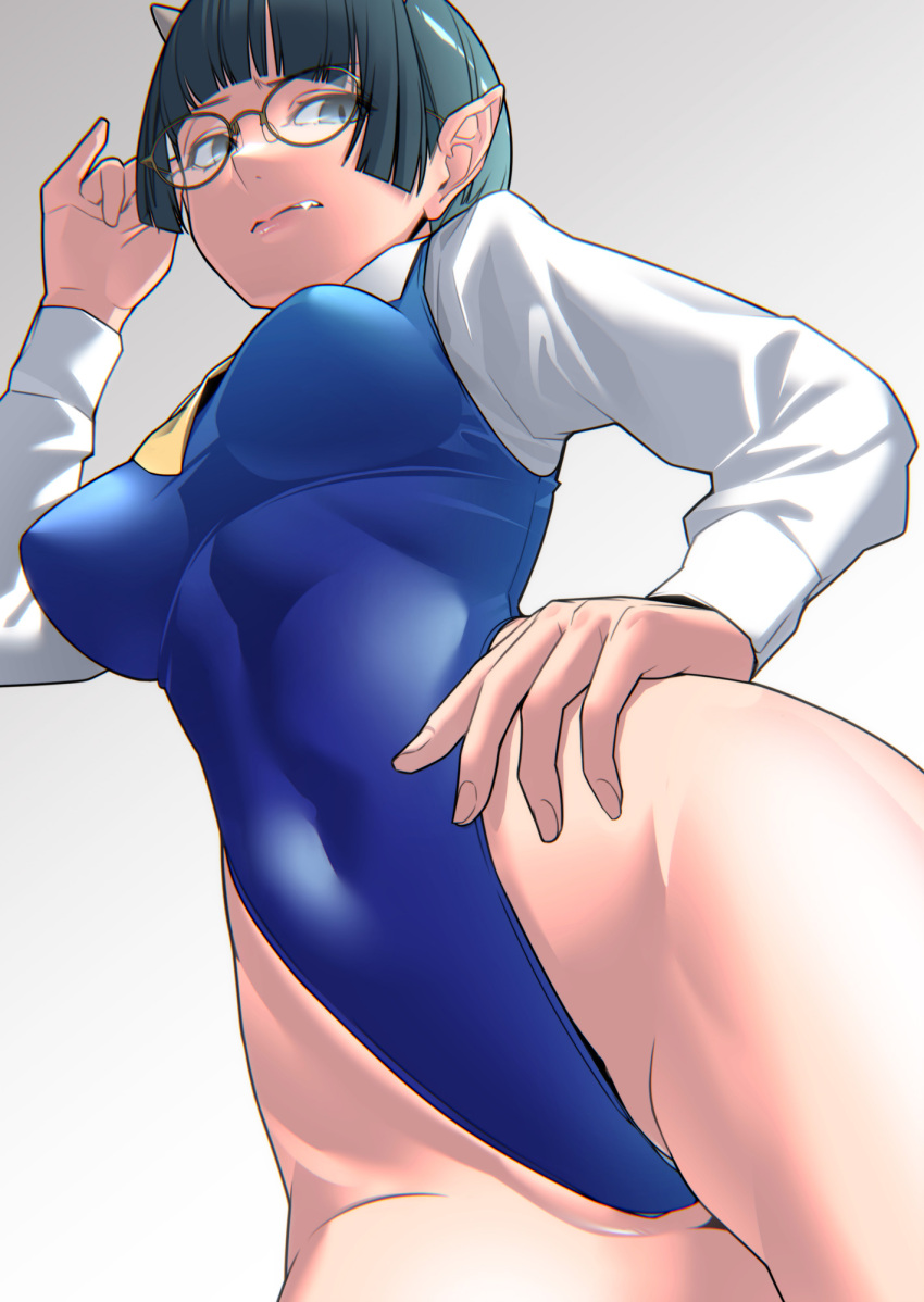 1girl, blue_eyes, blue_one-piece_swimsuit, breasts, closed_mouth, covered_navel, dark_green_hair, demon_horns