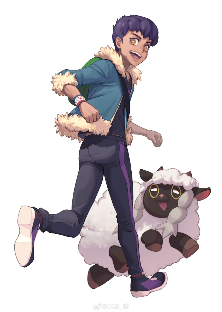 1boy, :d, absurdres, bag, black_pants, black_shirt, blue_jacket, bright_pupils, chinese_commentary, co2_tan, commentary_request, dark-skinned_male, dark_skin, duffel_bag, dynamax_band, fur-trimmed_jacket, fur_trim, gen_8_pokemon, green_bag, highres, hop_(pokemon), jacket, leg_up, looking_back, male_focus, nintendo, open_clothes, open_jacket, open_mouth, pants, pokemon, pokemon_(creature), pokemon_sword_and_shield, purple_hair, shirt, shoes, short_hair, simple_background, smile, standing, teeth, three-quarter_sleeves, tongue, white_background, white_pupils, wooloo, yellow_eyes