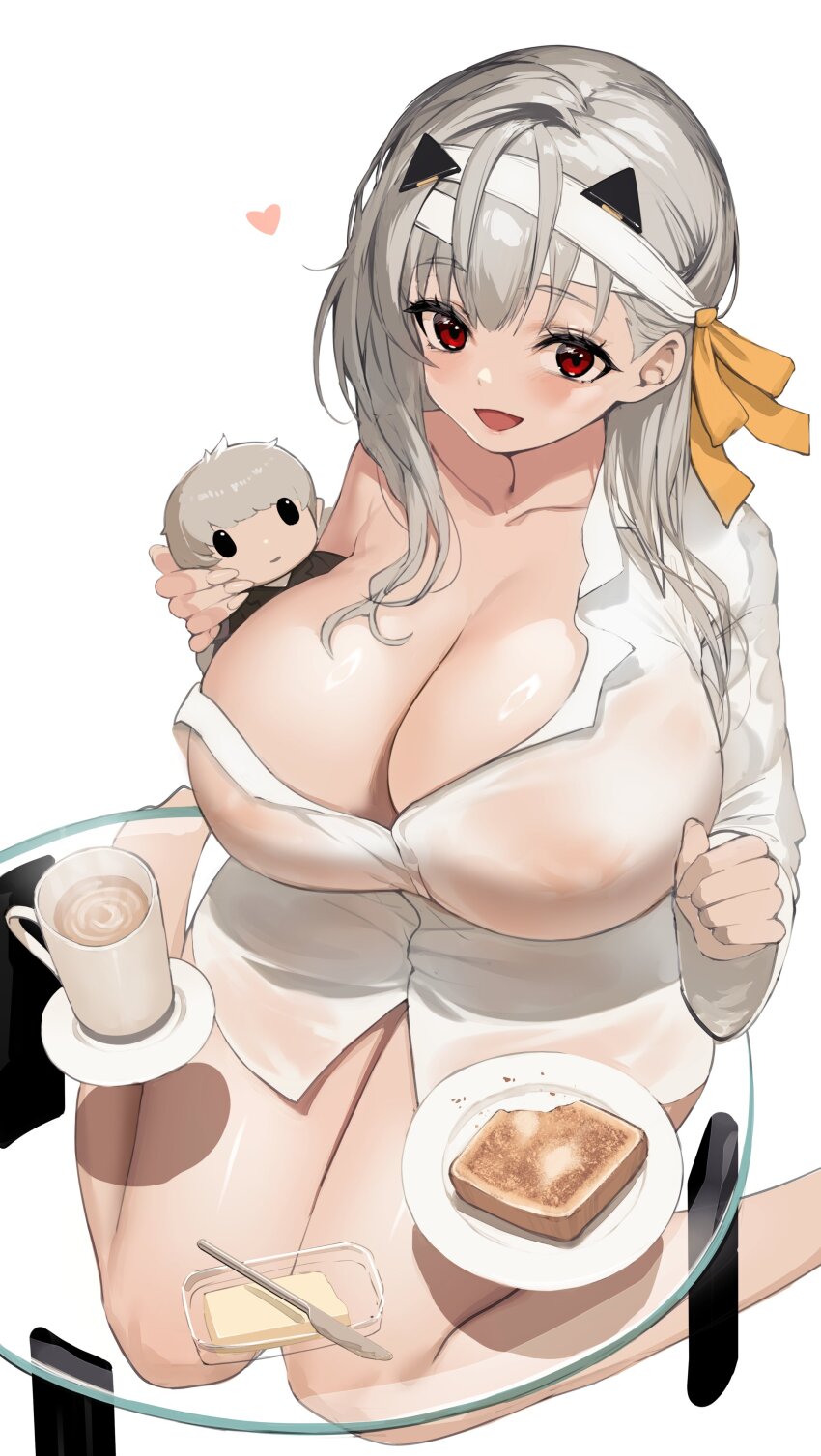 1girl, absurdres, blush, bread_slice, breasts, butter, cleavage, coffee