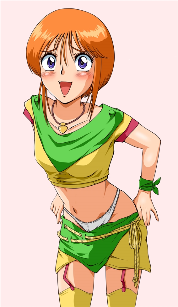 1girl, :d, blush, breasts, elpeo_puru, gundam, gundam_zz, jewelry, looking_at_viewer, matsuba_gogatsu, medium_breasts, midriff, necklace, open_mouth, orange_hair, panties, purple_eyes, short_hair, simple_background, skirt, smile, solo, standing, thighhighs, underwear, white_panties