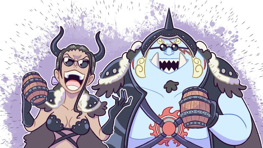 1boy, 1girl, armor, beast_pirates_uniform, black_cape, black_gloves, black_hair, blue_skin