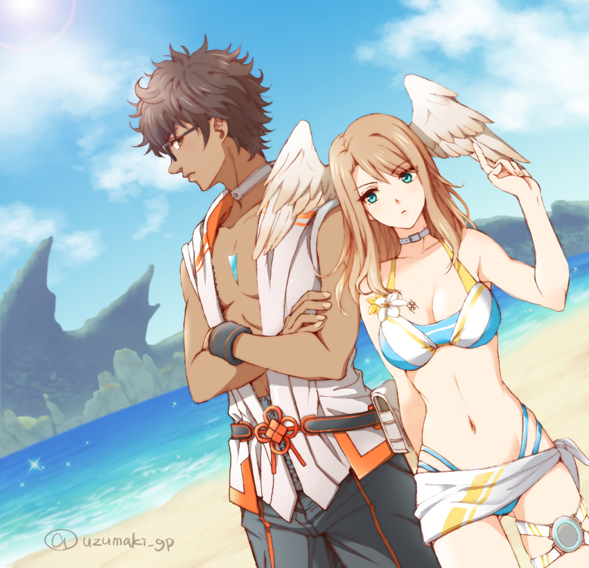 1boy, 1girl, beach, breast_tattoo, breasts, brown_eyes, brown_hair, chest_jewel