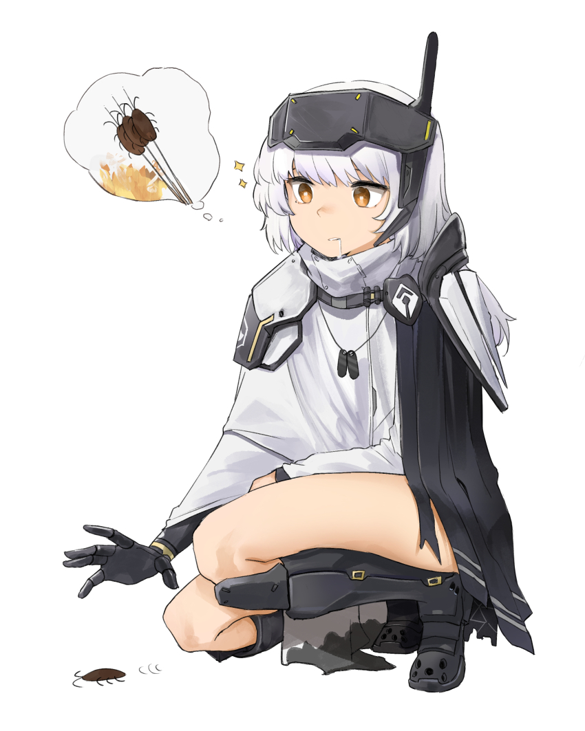 1girl, absurdres, armor, armored_boots, boots, brown_eyes, bug, cloak