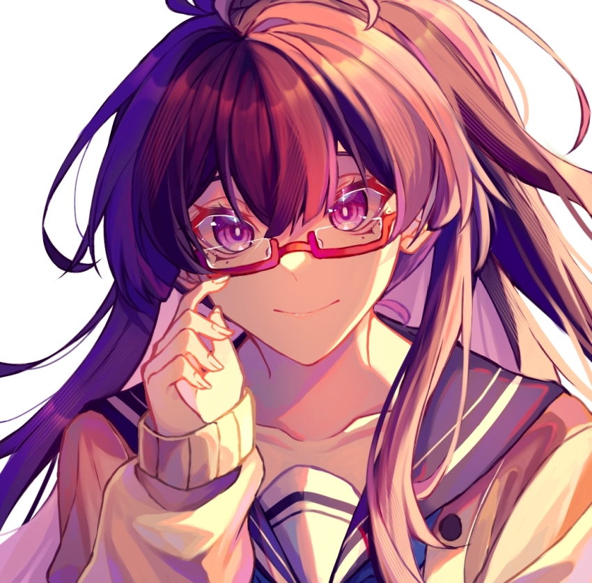 1girl, honkai_gakuen, close-up, collarbone, unworn_eyewear, glasses, hair_between_eyes, hand_up, honkai_(series), kurokunry, long_hair, long_sleeves, looking_at_viewer, mei_(honkai_impact), ponytail, purple_eyes, purple_hair, red-framed_eyewear, sailor_collar, school_uniform, semi-rimless_eyewear, simple_background, smile, solo, white_background