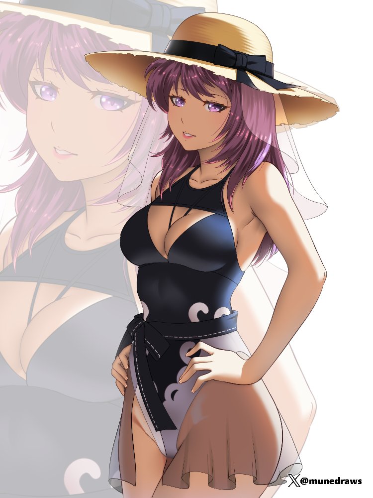 1girl, alternate_costume, black_one-piece_swimsuit, breasts, cleavage, commission, eremiya_(fire_emblem), etchimune, fire_emblem, fire_emblem:_new_mystery_of_the_emblem, large_breasts, long_hair, looking_at_viewer, nintendo, one-piece_swimsuit, purple_eyes, purple_hair, see-through_clothes, smile, solo, swimsuit, thighs, zoom_layer