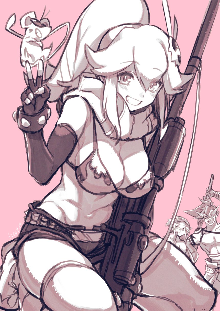 aina_ardebit, anti-materiel_rifle, belt, bikini, bikini_top_only, boota_(ttgl), boota_(ttgl)_(cosplay), breasts, character_request, cosplay, eyes_visible_through_hair, flame_print, galo_thymos, gun, hair_ornament, highres, kamina_(ttgl), kamina_(ttgl)_(cosplay), large_breasts, lio_fotia, monochrome, mouse_(animal), no_shirt, pink_thighhighs, promare, rifle, scarf, simon_(ttgl), simon_(ttgl)_(cosplay), skull_hair_ornament, sniper_rifle, studded_belt, swimsuit, takatsuki_ichi, tengen_toppa_gurren_lagann, thighhighs, weapon, yoko_littner, yoko_littner_(cosplay)