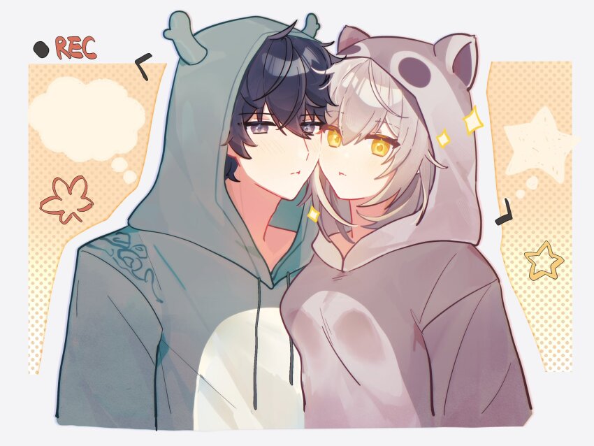 1boy, 1girl, alternate_costume, black_hair, chinese_commentary, dan_heng_(honkai:_star_rail), hair_between_eyes, highres