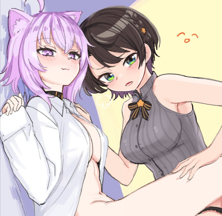 2girls, :3, ahoge, animal_ears, aomushi_(mushamusha), black_bow, black_bowtie, black_choker, black_hair, black_panties, blue_background, blush, bottomless, bow, bowtie, braid, breasts, cat_ears, cat_girl, choker, closed_mouth, collar, flat_color, green_eyes, highres, holding_another's_thighs, hololive, lace, lace-trimmed_panties, lace_trim, long_sleeves, looking_at_viewer, looking_down, medium_breasts, medium_hair, multiple_girls, naked_shirt, nekomata_okayu, nekomata_okayu_(oversized_shirt), oozora_subaru, oozora_subaru_(suspenders), open_mouth, panties, purple_eyes, purple_hair, shirt, short_hair, sleeveles, thighs, underwear, virtual_youtuber, white_collar, white_shirt, yellow_background