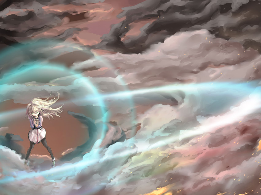 100%_orange_juice, 1girl, absurdres, blonde_hair, cloud, female_focus, full_body, green_eyes, highres, long_hair, outdoors, pantyhose, sakurai_miyo, sakurai_sanshi, sky, solo, sora_(orange_juice), suguri