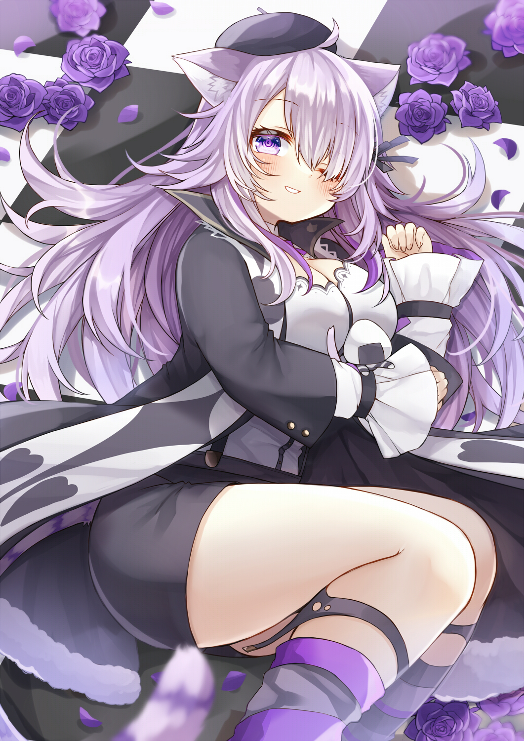 1girl, ahoge, animal_ear_fluff, animal_ears, beret, black_coat, black_headwear, black_shorts