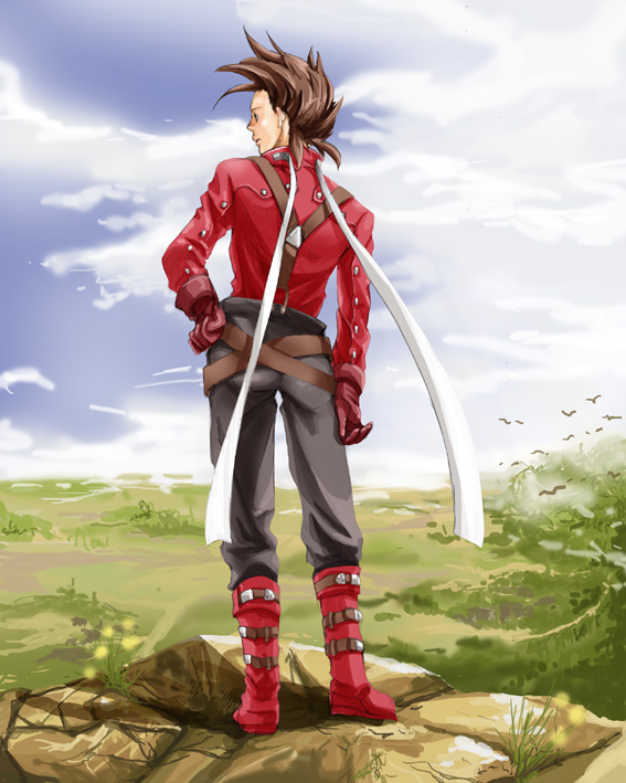 00s, 1boy, belt, boots, brown_hair, buttons, cloud, flower