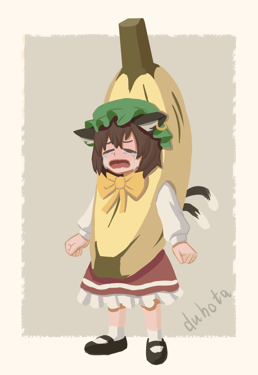 1girl, absurdres, animal_ear_fluff, animal_ears, artist_name, banana_costume, bow, bowtie, brown_hair, cat_ears, cat_tail, chen, child, clenched_hands, closed_eyes, commentary, crying, duhota, earrings, ears_down, english_commentary, frills, full_body, grey_background, hat, highres, jewelry, long_sleeves, mary_janes, meme, mob_cap, multiple_tails, nekomata, open_mouth, petticoat, puffy_long_sleeves, puffy_sleeves, red_skirt, sad_banana_cat_(meme), shoes, short_hair, simple_background, single_earring, skirt, solo, standing, streaming_tears, tail, tears, touhou, two_tails, wavy_mouth, yellow_bow, yellow_bowtie