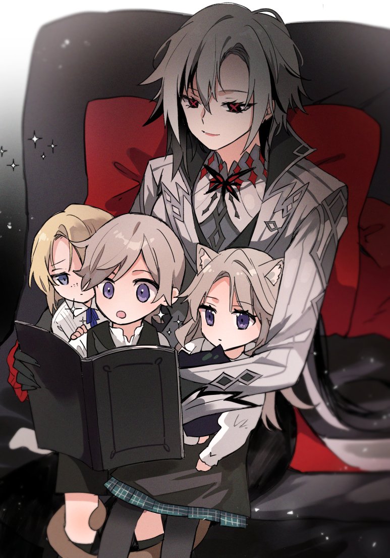 2boys, 2girls, :o, aged_down, animal_ear_fluff, animal_ears, arlecchino_(genshin_impact), black_eyes