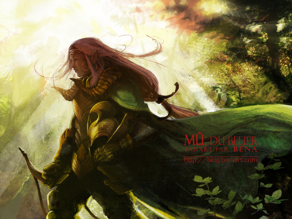 1boy, aries_muu, armor, bena, cape, elf, forest, french_text