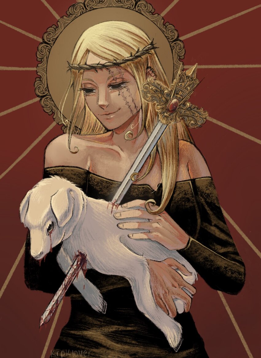 1girl, animal, baby_carry, bare_shoulders, black_dress, black_eyes, bleeding, blood