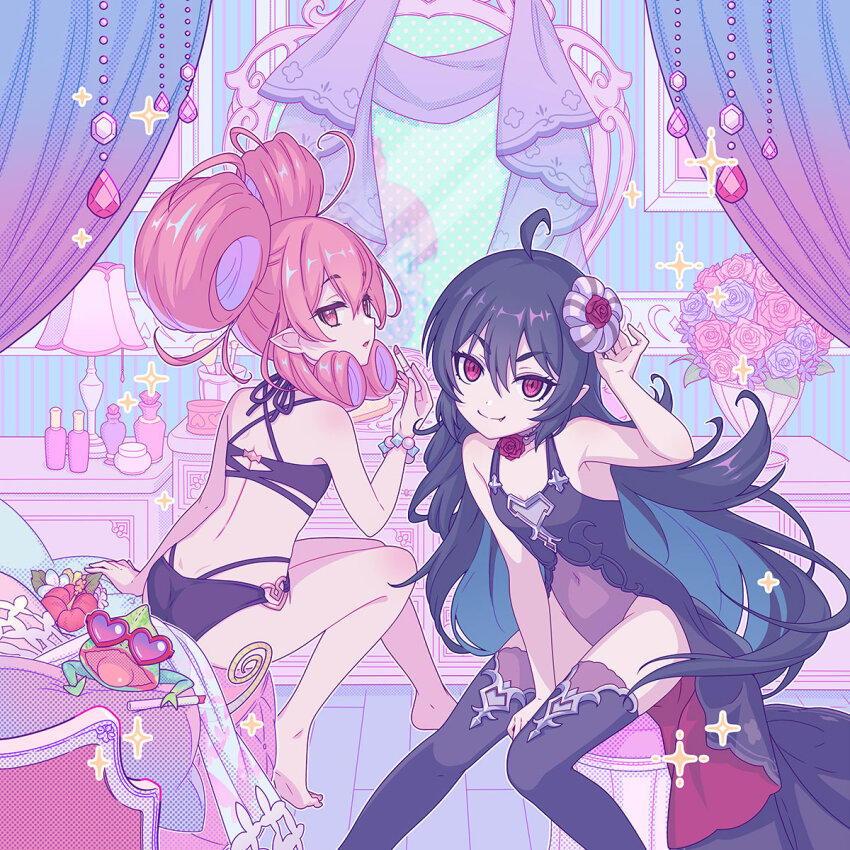 2girls, ahoge, album_cover, artist_request, barefoot, bead_bracelet, beads, bikini, black_bikini, black_dress, black_hair, black_thighhighs, bouquet, bracelet, chameleon, cover, dress, fang, flat_chest, flower, flower_collar, from_behind, hair_flower, hair_ornament, hair_rings, heart, heart-shaped_eyewear, highres, illya_(ceremonial)_(princess_connect!), illya_(princess_connect!), illya_(small)_(princess_connect!), indoors, jewelry, lamp, layered_bikini, leotard, llya_(ceremonial)_(princess_connect!), long_hair, looking_at_viewer, mirror, multiple_girls, navel, neneka_(princess_connect!), neneka_(summer)_(princess_connect!), no_shoes, official_alternate_costume, official_art, pink_hair, pointy_ears, princess_connect!, red_eyes, see-through_clothes, see-through_leotard, sitting, sparkle, sparkling_aura, swimsuit, thighhighs