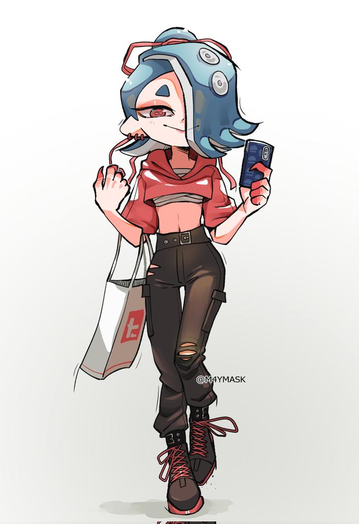 1girl, bag, bandages, bandages_around_chest, belt, cellphone, crop_top, ear_piercing, flat_chest, m4ymask, nintendo, one_eye_covered, pants, phone, piercing, red_eyes, shiver_(splatoon), shoes, splatoon_(series), splatoon_3, tentacle_hair