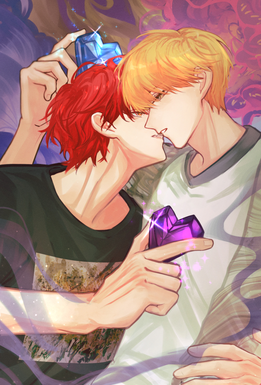 2boys, bishounen, blonde_hair, blue_gem, cha_eugene, debwi_mos_hamyeon_jugneun_byeong_geollim, face-to-face, fangs, gem, glint, heart, highres, imminent_kiss, jiangyoubottle, male_focus, multiple_boys, open_mouth, park_moondae, purple_gem, red_hair, shirt, short_hair, t-shirt, yaoi