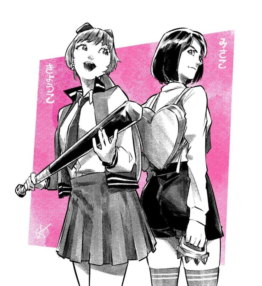 2girls, ass, backpack, bag, baseball_bat, bow, hair_bow, heart