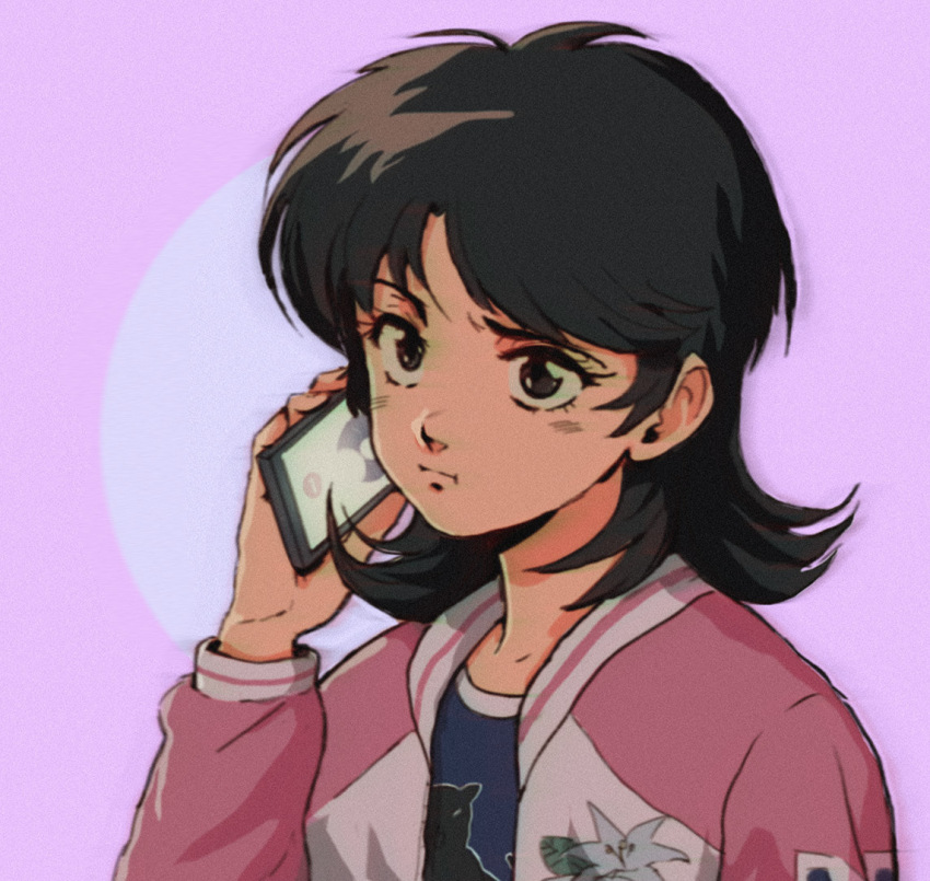 1980s_(style), 1girl, black_eyes, black_hair, cellphone, closed_mouth, commentary_request, expressionless