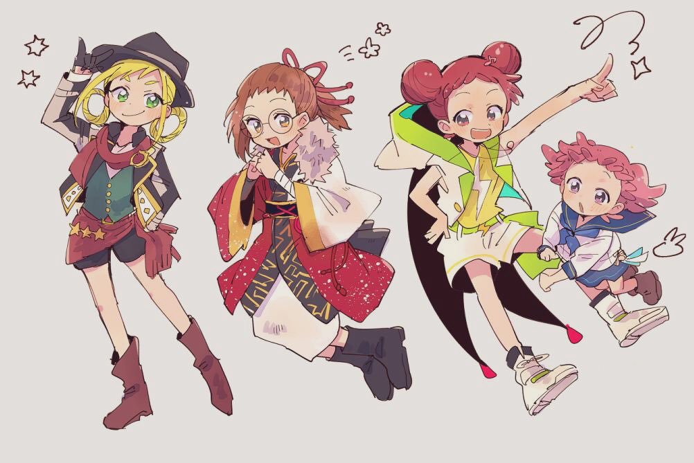 4girls, :d, arm_up, asuka_momoko, black_footwear, black_headwear, black_jacket, black_shorts, blonde_hair, blue_neckerchief, blue_sailor_collar, blue_skirt, blush, boots, brown_eyes, brown_footwear, brown_hair, closed_mouth, commentary_request, cosplay, cosplay_request, cowboy_western, double_bun, ensemble_stars!, fedora, fortissimo, fujiwara_hazuki, full_body, fur_collar, glasses, green_eyes, green_vest, hair_bun, hair_ornament, hair_ribbon, hair_rings, hand_on_own_hip, hands_up, harukaze_doremi, harukaze_poppu, hat, hood, hooded_jacket, jacket, japanese_clothes, jewelry, kimono, long_hair, long_sleeves, looking_at_viewer, mitobinyo, multiple_girls, musical_note, musical_note_hair_ornament, neckerchief, necklace, ojamajo_doremi, open_mouth, outstretched_arm, pink_hair, pink_ribbon, ponytail, red_hair, red_scarf, ribbon, round_eyewear, sailor_collar, sailor_shirt, scarf, shirt, shoes, short_hair, shorts, siblings, sisters, skirt, smile, sneakers, standing, star_(symbol), vest, white_footwear, white_jacket, white_shirt, white_shorts, wide_sleeves, yellow_shirt