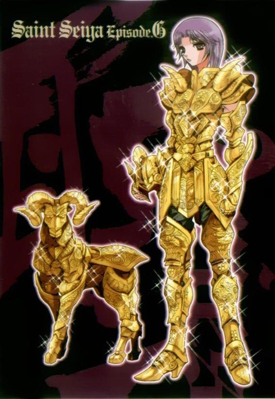 aries_muu, armor, facial_mark, forehead_mark, gold, horns, lemurian, no_eyebrows