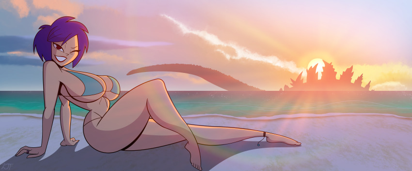 1girl, ;), absurdres, atari, beach, bikini, breasts, come_hither