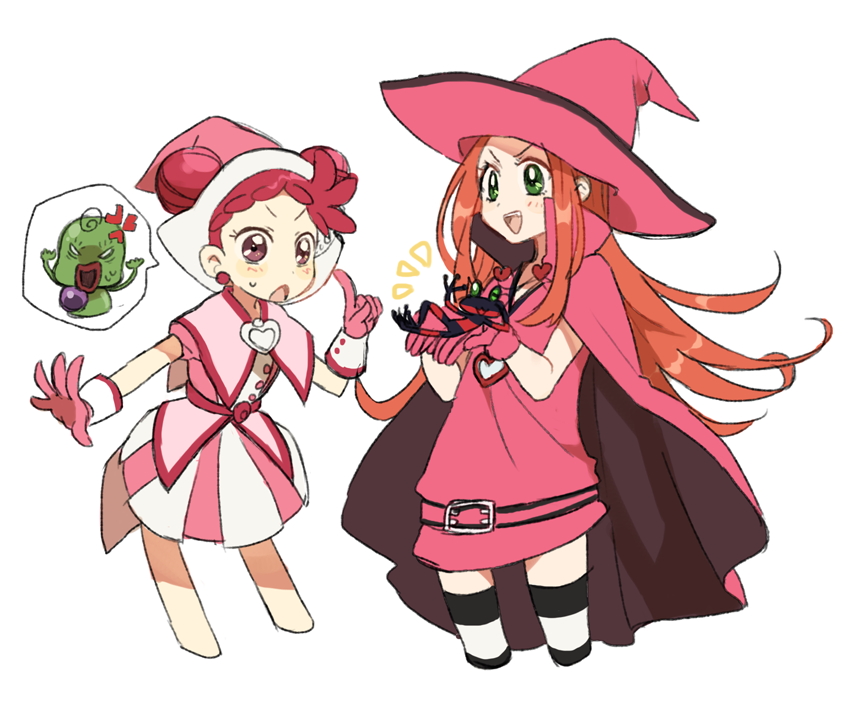 2girls, :d, anger_vein, animal, brooch, cape, capelet, chestnut_mouth, chocolat_meilleure, commentary_request, cropped_legs, crossover, double_bun, dress, duke_(sugar_sugar_rune), earrings, frog, gloves, green_eyes, hair_bun, hand_up, hands_up, harukaze_doremi, hat, heart, heart_brooch, high_collar, holding, holding_animal, index_finger_raised, jewelry, long_hair, magical_girl, majorika, multiple_girls, ojamajo_doremi, open_mouth, orange_hair, outstretched_arm, pink_cape, pink_capelet, pink_dress, pink_eyes, pink_gloves, pink_headwear, red_hair, sakuragi_mochi, short_hair, simple_background, smile, speech_bubble, standing, sugar_sugar_rune, sweatdrop, thighhighs, trait_connection, v-shaped_eyebrows, white_background, witch_hat