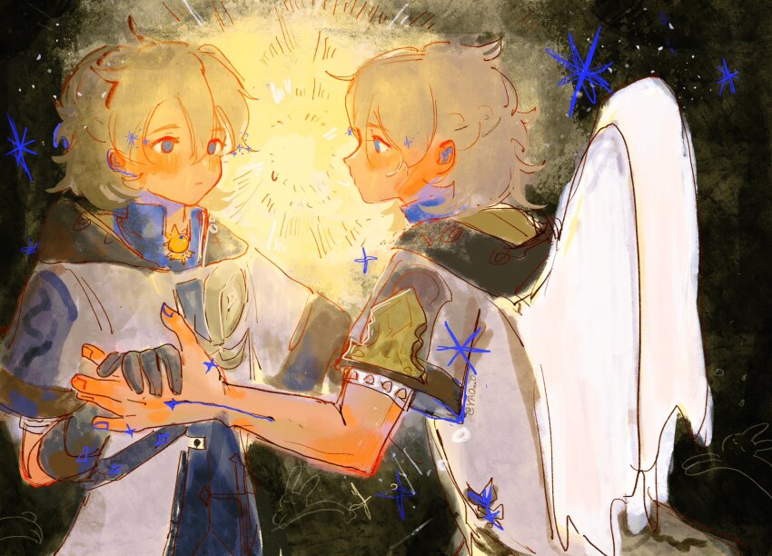 2boys, albedo_(genshin_impact), angel_wings, black_background, blonde_hair, blue_eyes, brown_background, dual_persona