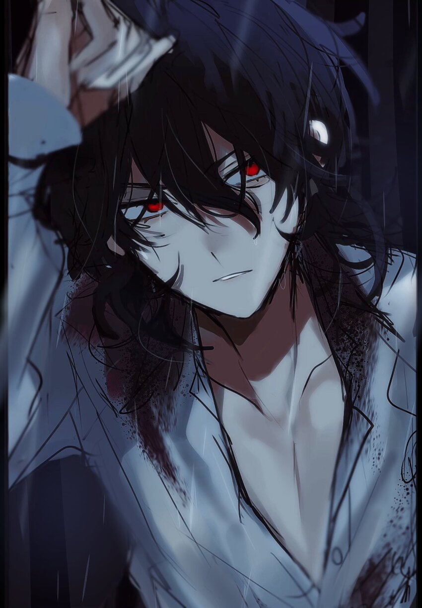 1boy, black_background, black_hair, blood, blood_on_clothes, ensemble_stars!, grey_background, highres, long_sleeves, male_focus, medium_hair, mitsu_(yukimi_bon), multicolored_background, open_clothes, open_shirt, parted_lips, rain, red_eyes, sakuma_rei_(ensemble_stars!), shirt, solo, teeth, wavy_hair, white_shirt