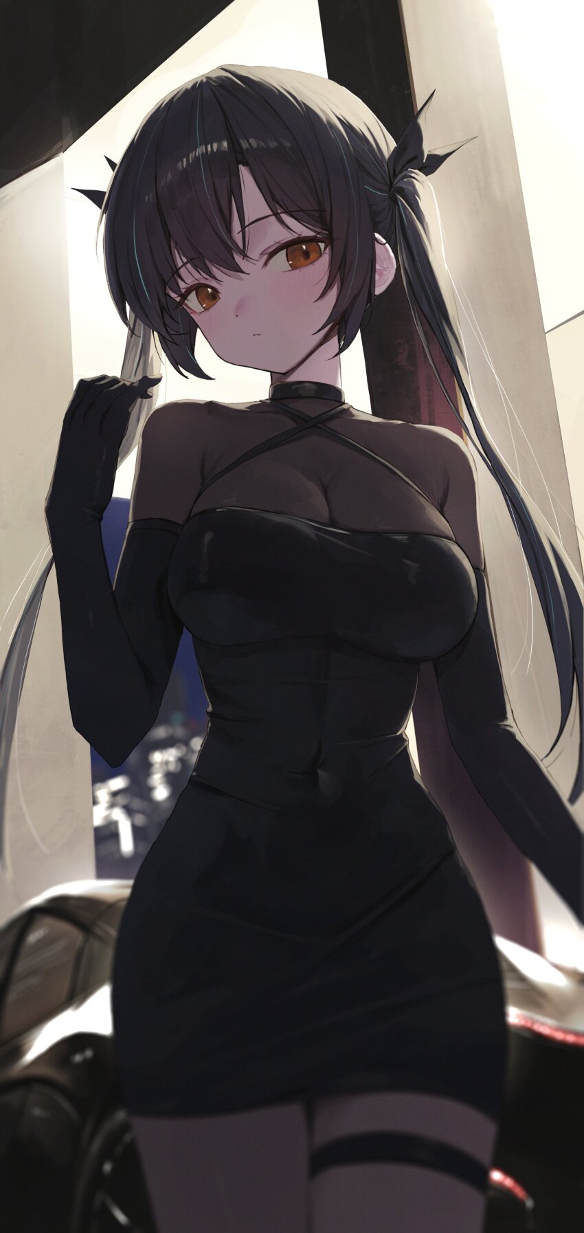 1girl, absurdres, backlighting, black_choker, black_dress, black_gloves, black_hair, blurry