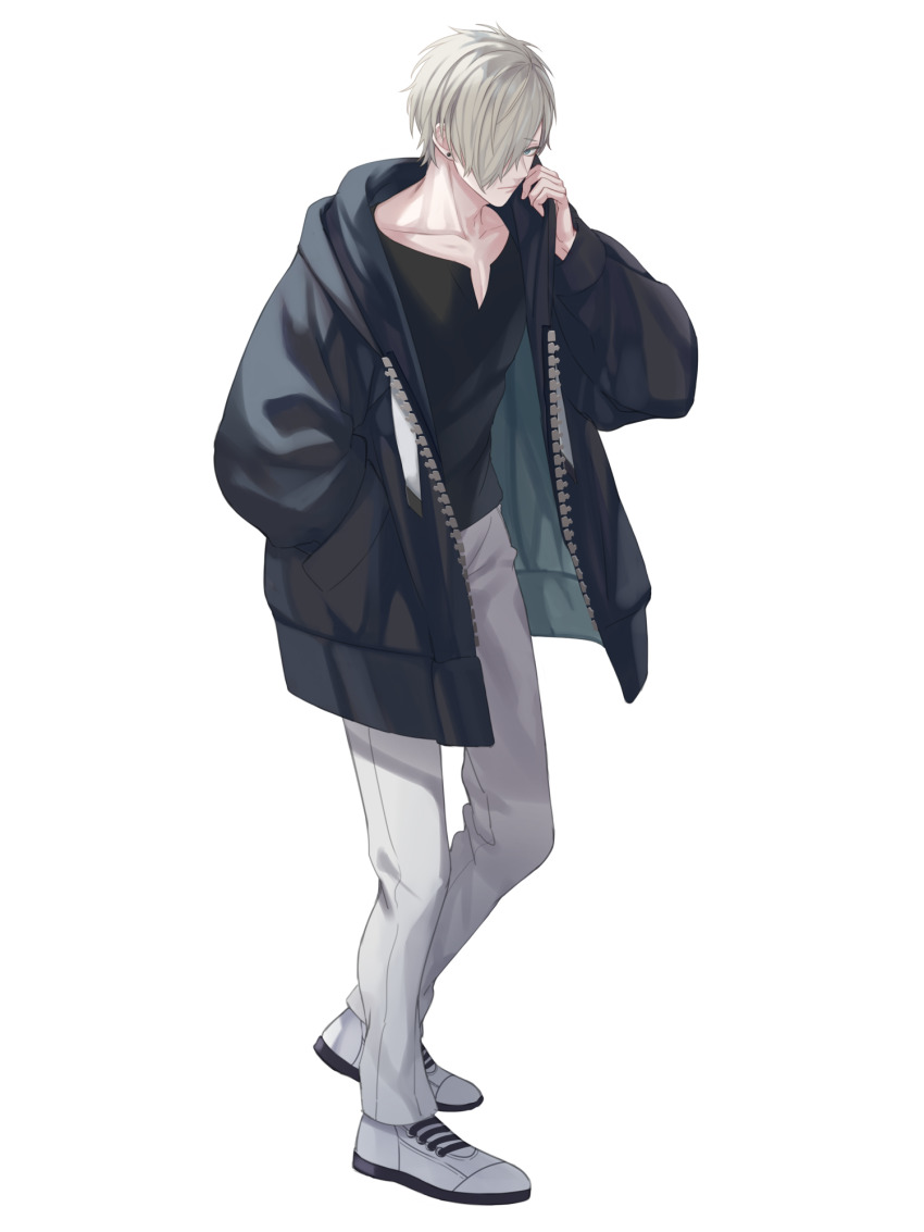 1boy, black_jacket, black_shirt, dairoku_ryouhei, earrings, full_body, hair_over_one_eye, hand_in_pocket